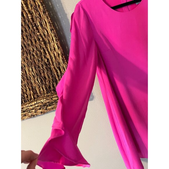 CeCe Shift Dress 10 Pink Long Ruffle Sleeve Faux Silk Career Church Washable - Picture 9 of 12